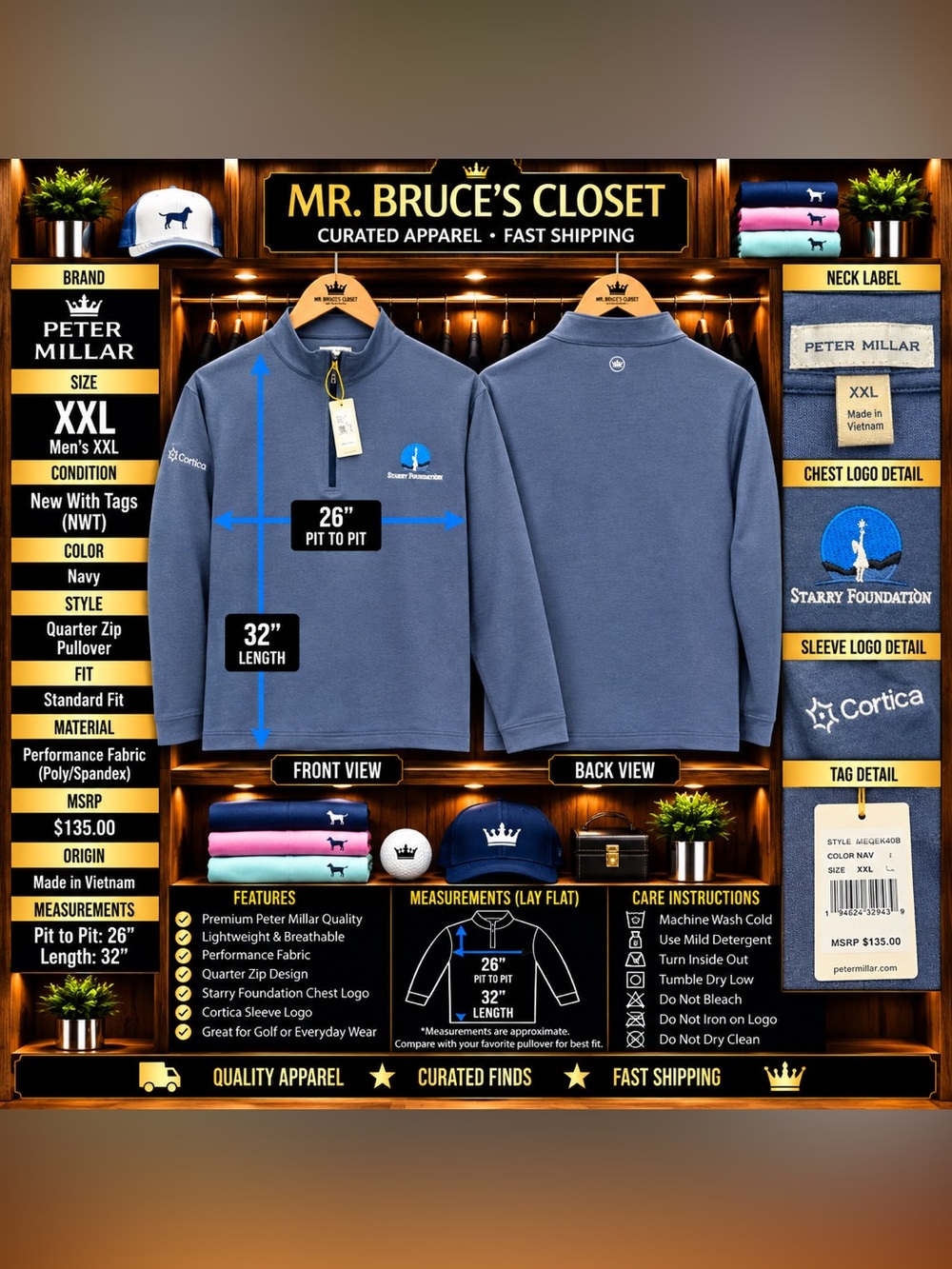 Peter Millar Navy Quarter-Zip Pullover with Starry Foundation Logo